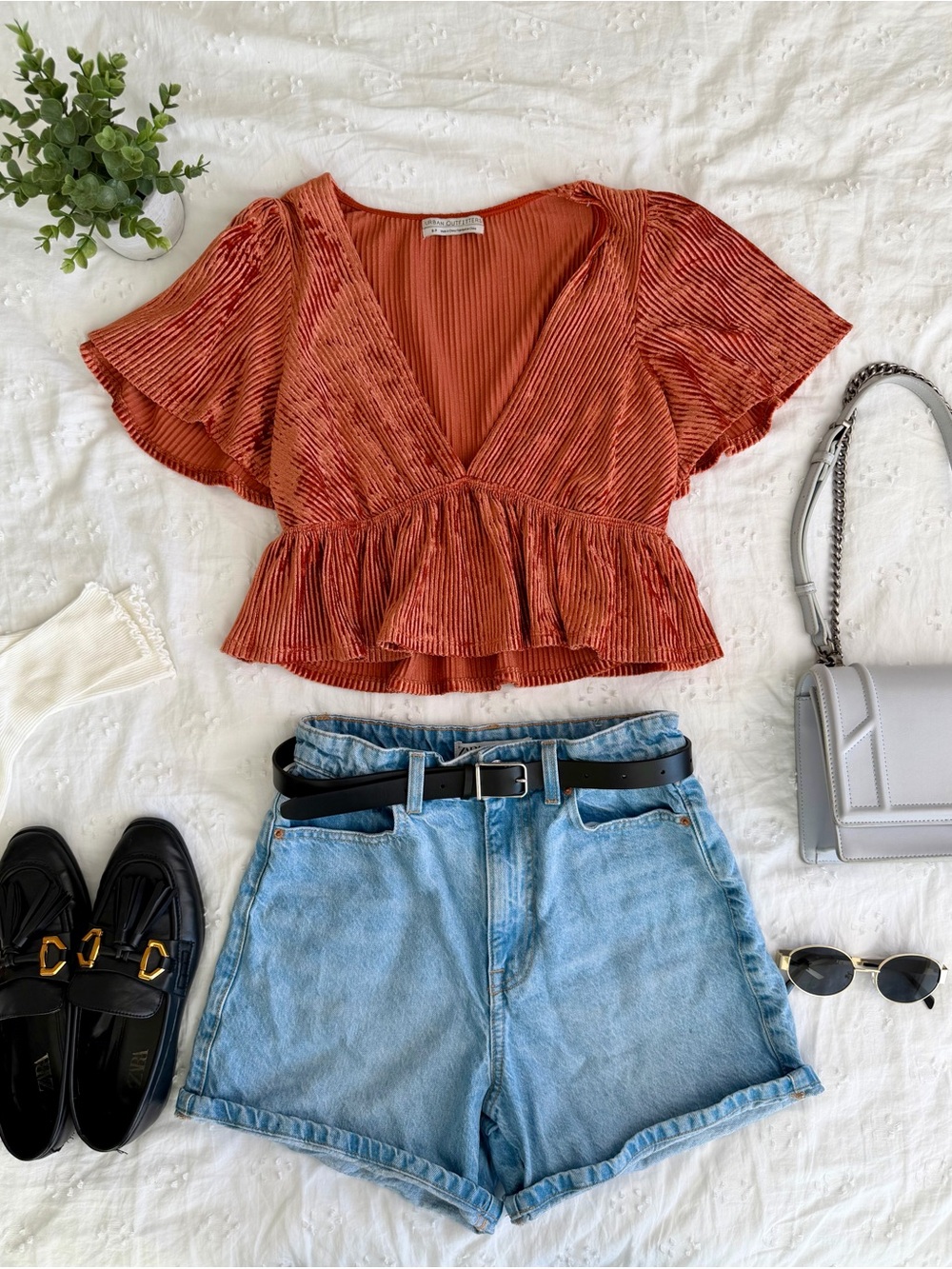 Urban Outfitters Rust Orange Velvet V-Neck Ruffle Crop Top